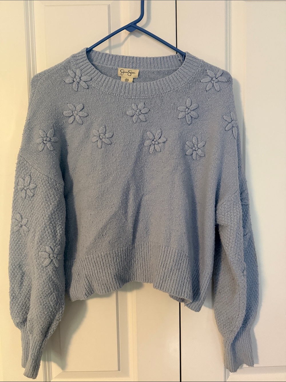 Jessica Simpson Powder Blue Floral Appliqué Crew Sweater